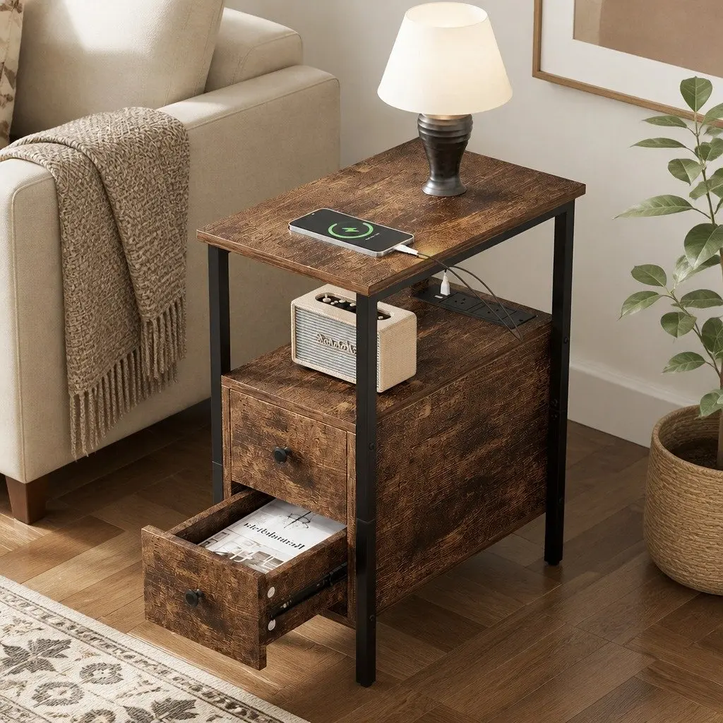 Side Table Narrow End Table with Charging Station USB Ports Drawers Storage