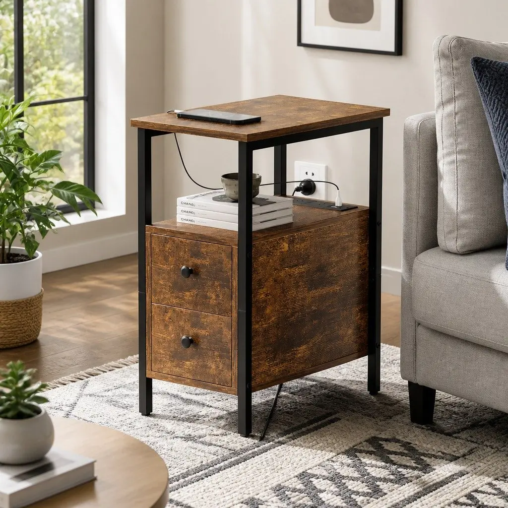 Side Table Narrow End Table with Charging Station USB Ports Drawers Storage