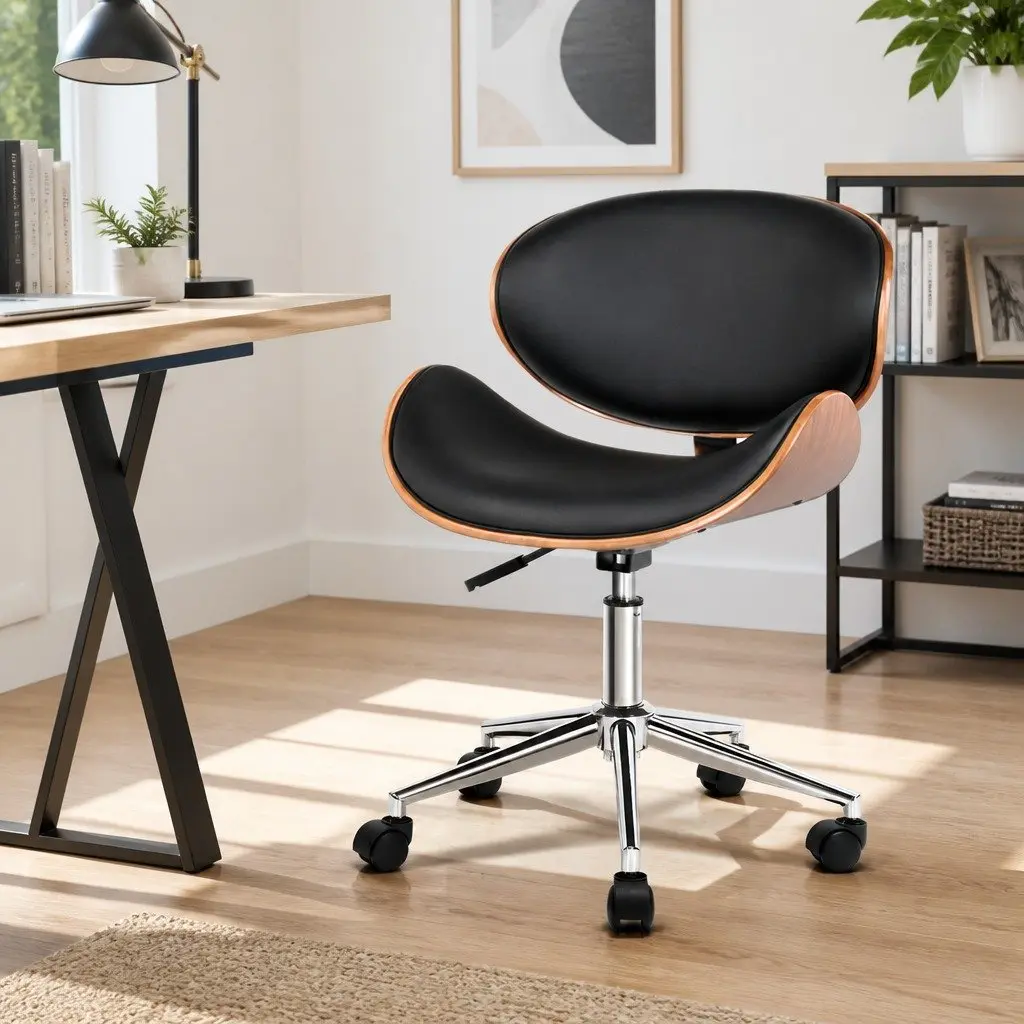 Office Chair PU Leather Seat Black Wooden Frame Swivel 360 Degree