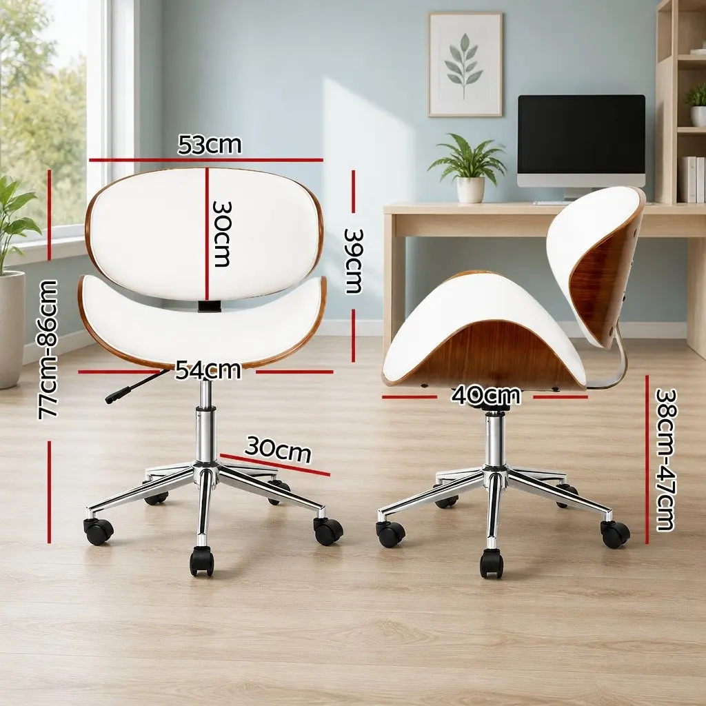Wooden Office Chair White Leather Seat Swivel Castor Wheels Adjustable Height