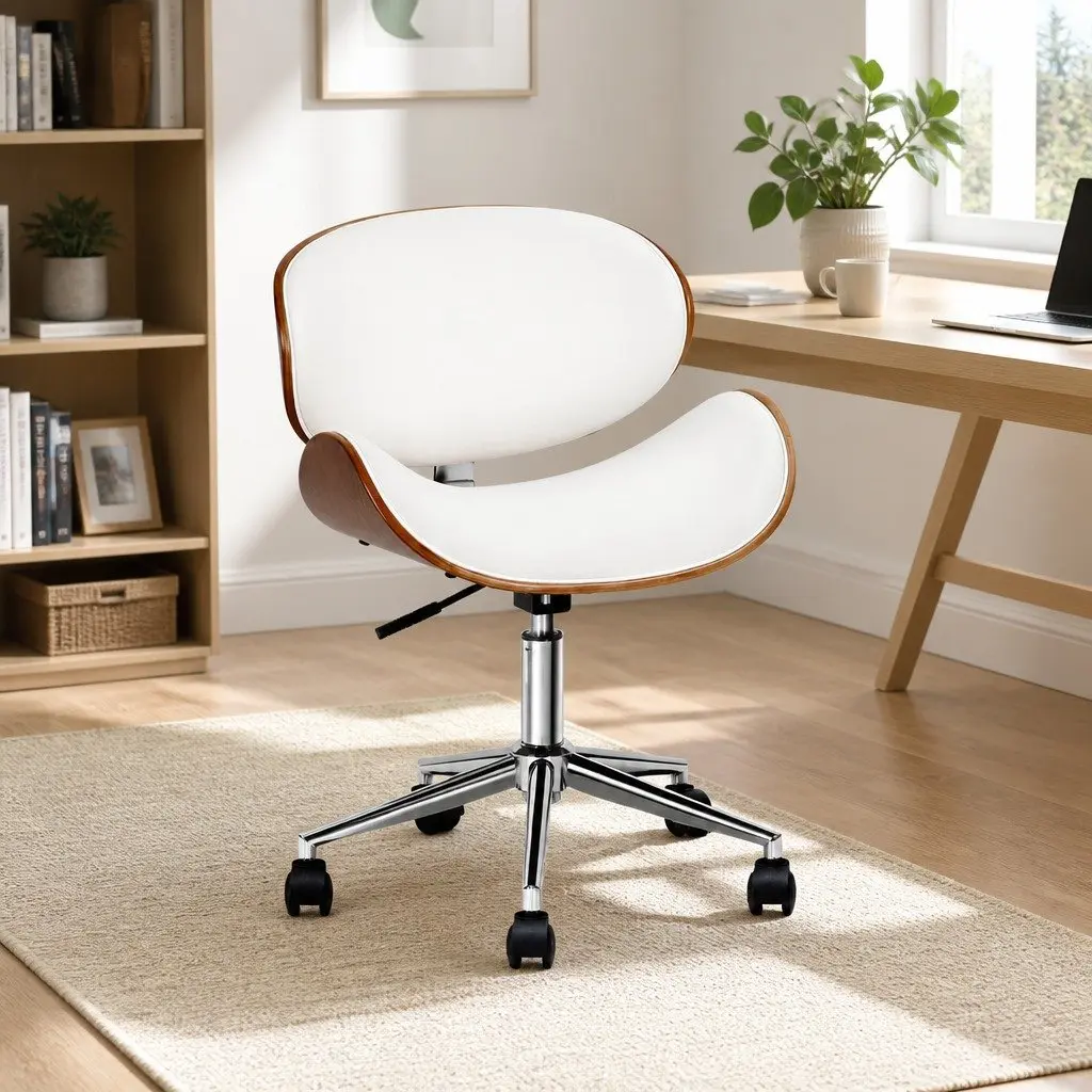 Wooden Office Chair White Leather Seat Swivel Castor Wheels Adjustable Height