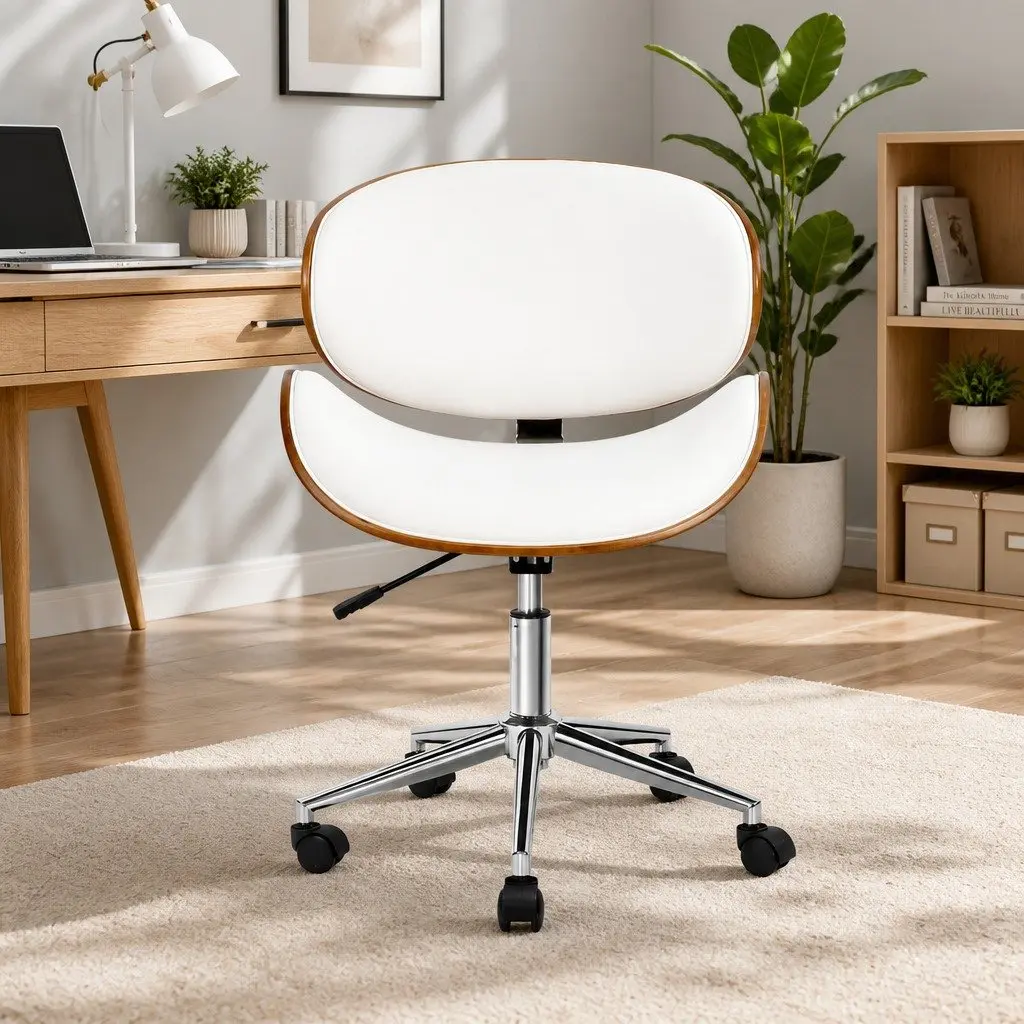Wooden Office Chair White Leather Seat Swivel Castor Wheels Adjustable Height