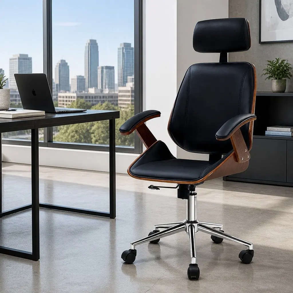Wooden Office Chair Black Leather Seat Swivel Height Adjustable Ergonomic Desk
