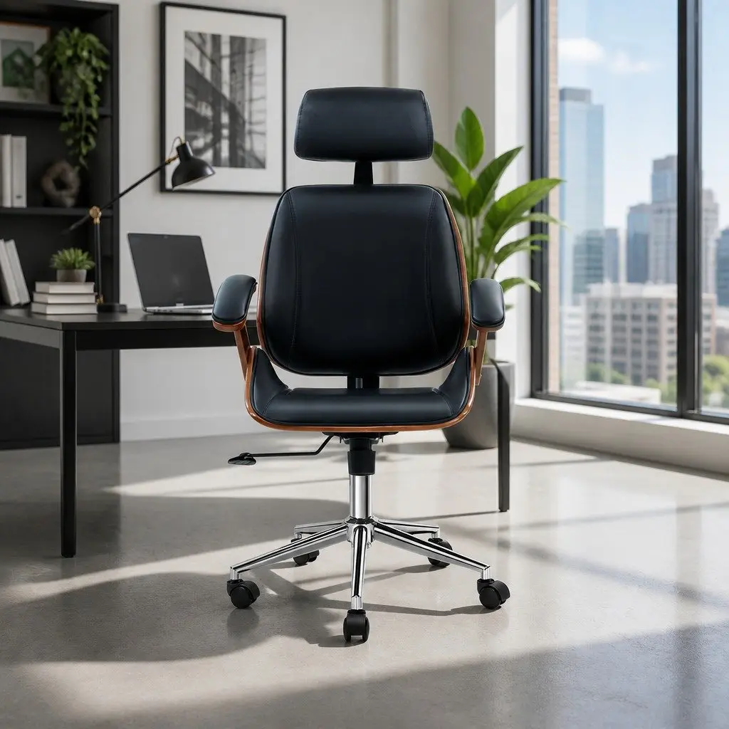 Wooden Office Chair Black Leather Seat Swivel Height Adjustable Ergonomic Desk