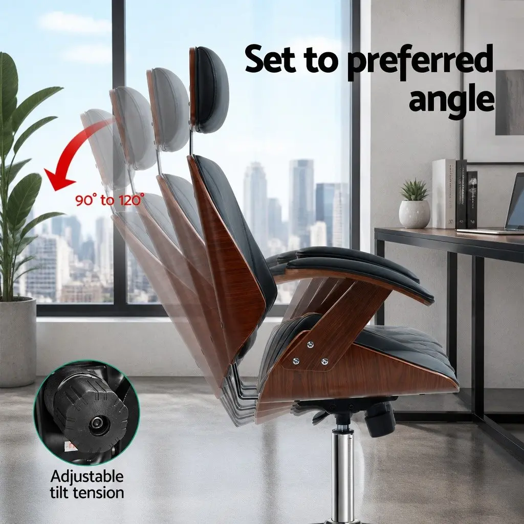 Wooden Office Chair Black Leather Seat Swivel Height Adjustable Ergonomic Desk
