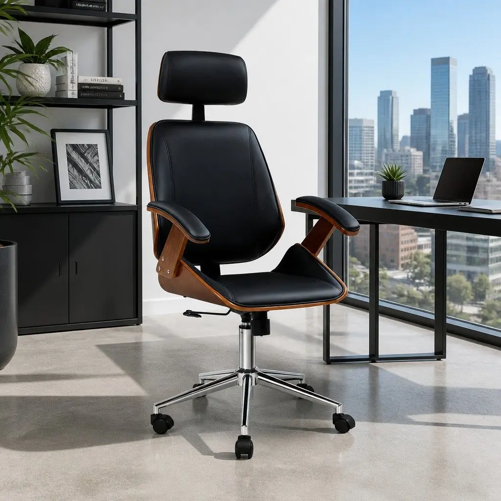 Wooden Office Chair Black Leather Seat Swivel Height Adjustable Ergonomic Desk