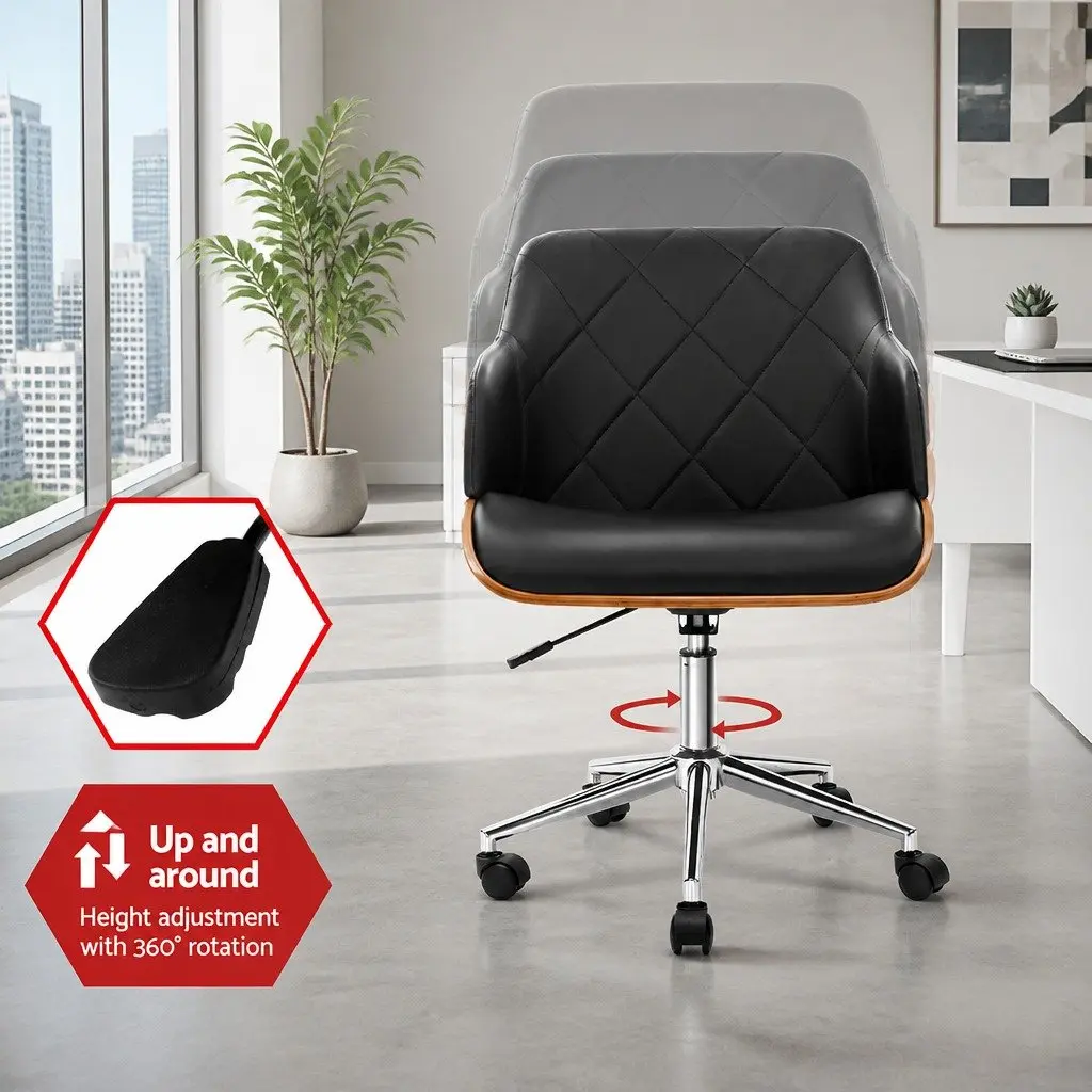 Office Chair Adjustable Height Black Fabric Seat Wooden Frame Chrome Base
