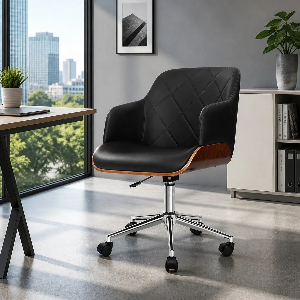 Office Chair Adjustable Height Black Fabric Seat Wooden Frame Chrome Base
