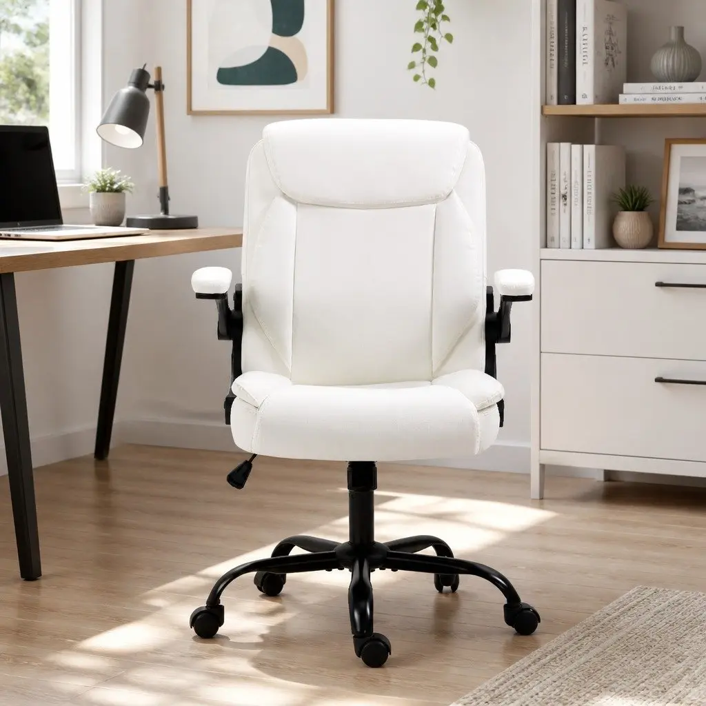 Office Chair Executive Mid Back Swivel Desk Seat White High Density Foam