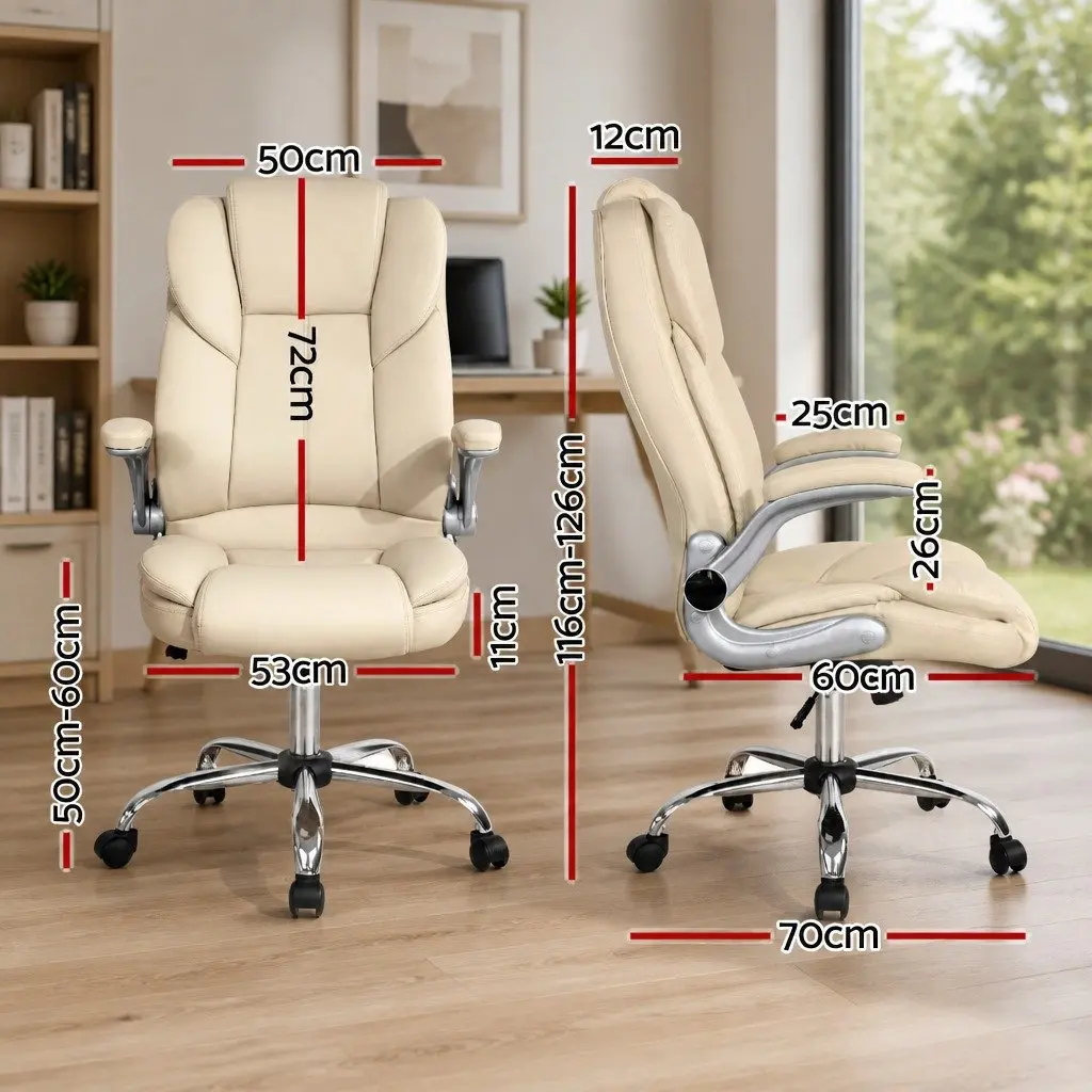 Executive Office Chair Tilt Swivel Lumbar Support Beige PU Leather High Back