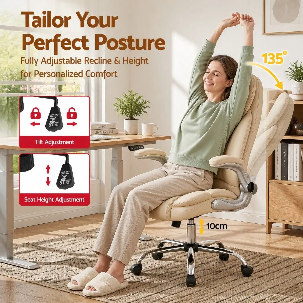 Executive Office Chair Tilt Swivel Lumbar Support Beige PU Leather High Back