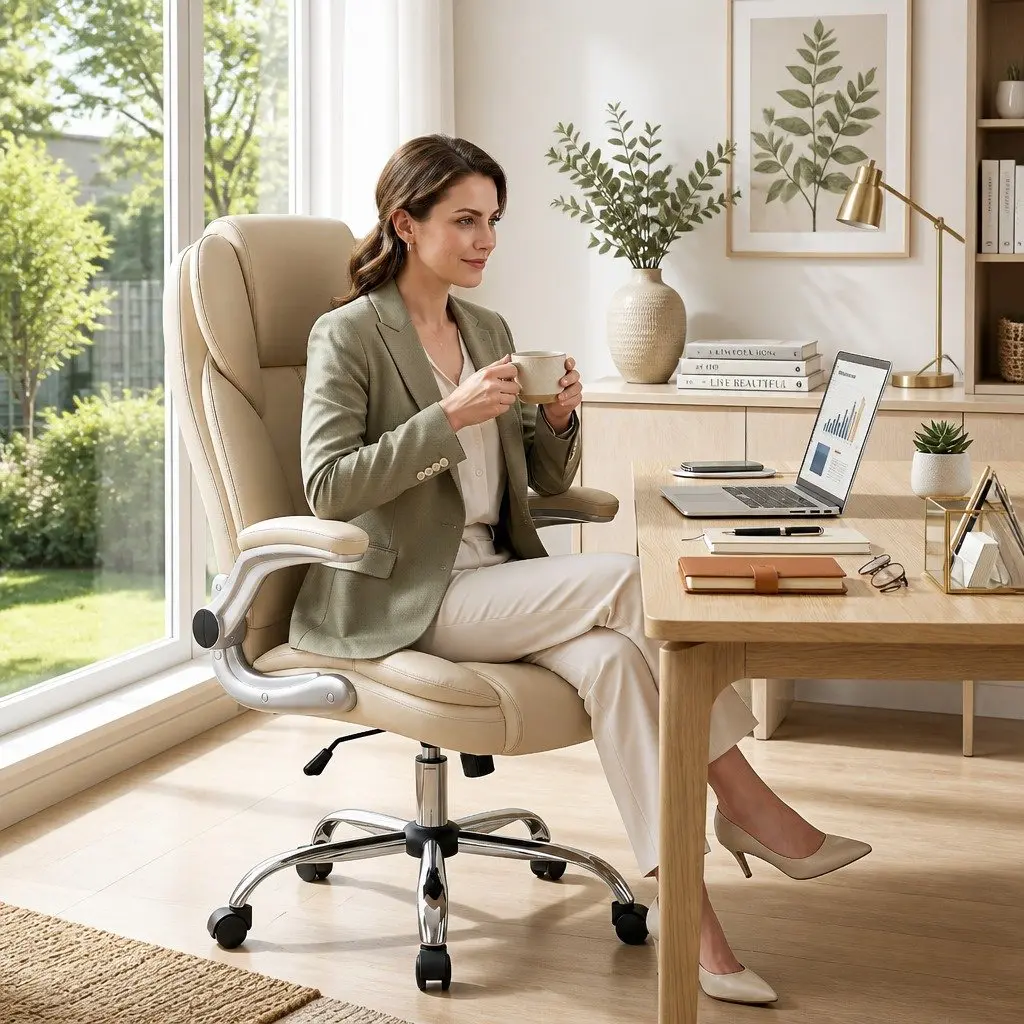 Executive Office Chair Tilt Swivel Lumbar Support Beige PU Leather High Back