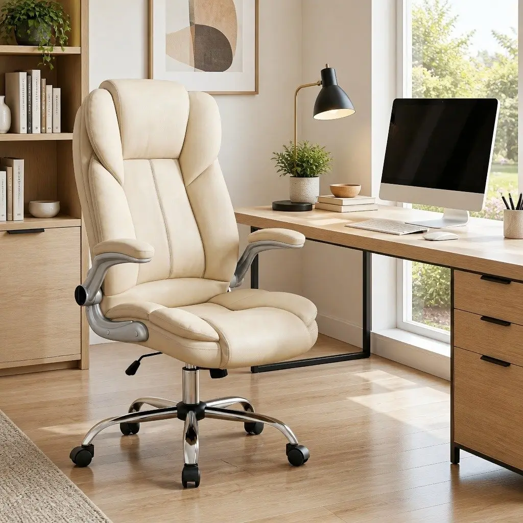 Executive Office Chair Tilt Swivel Lumbar Support Beige PU Leather High Back