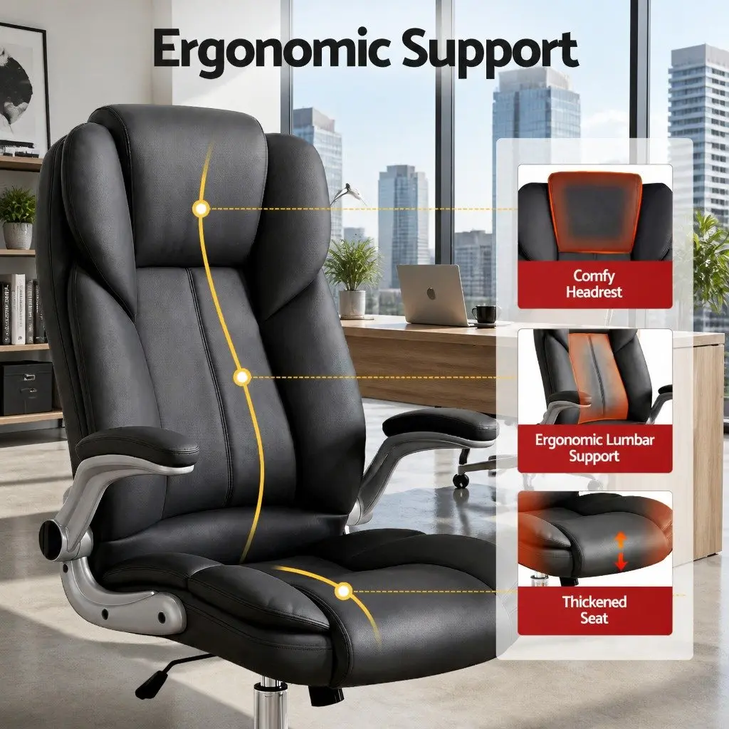 Executive Office Chair Leather High Back Tilt Swivel Lumbar Support Black