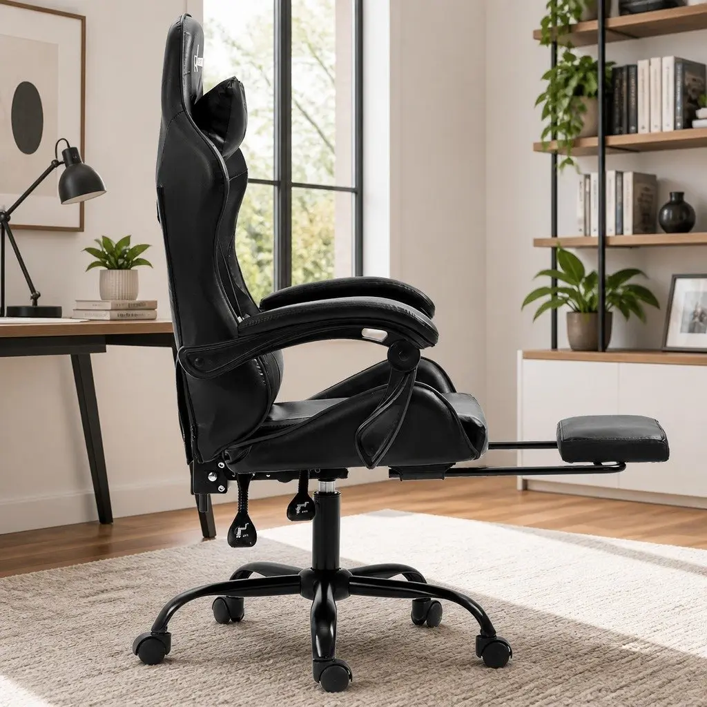 Gaming Office Chair Recliner High Back Adjustable Height Footrest Black Grey