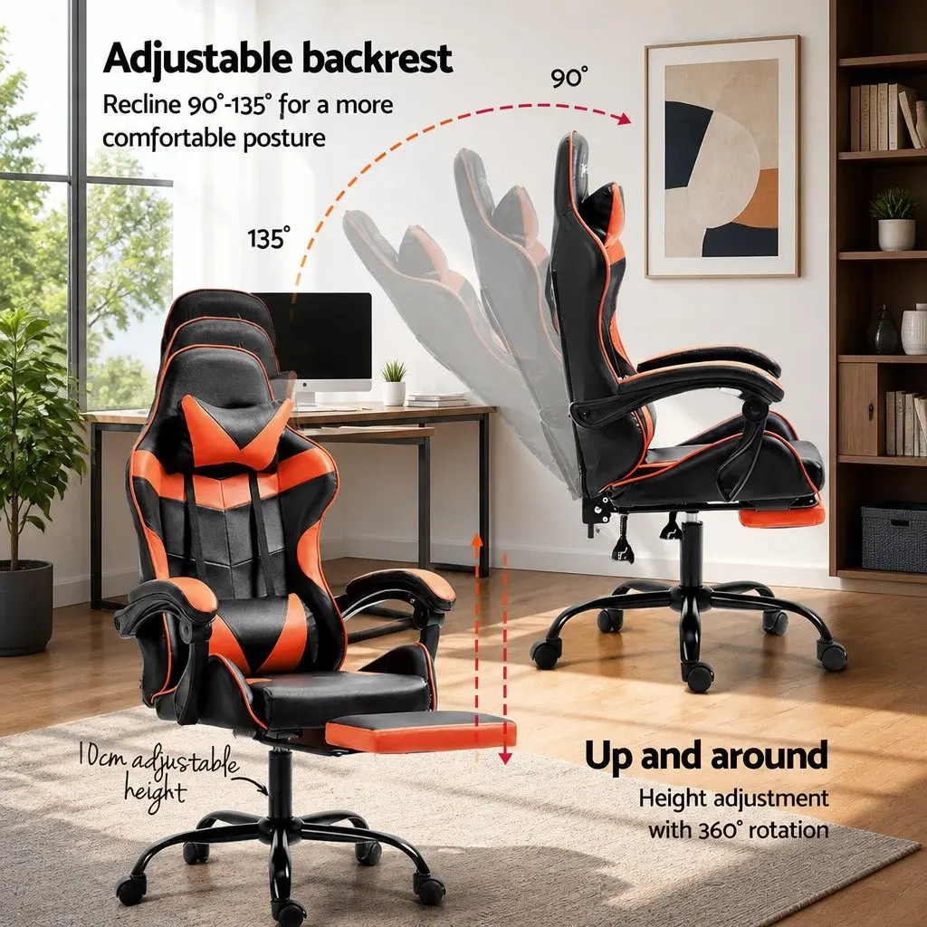 Gaming Office Chair High-Back Recliner Adjustable Footrest Orange