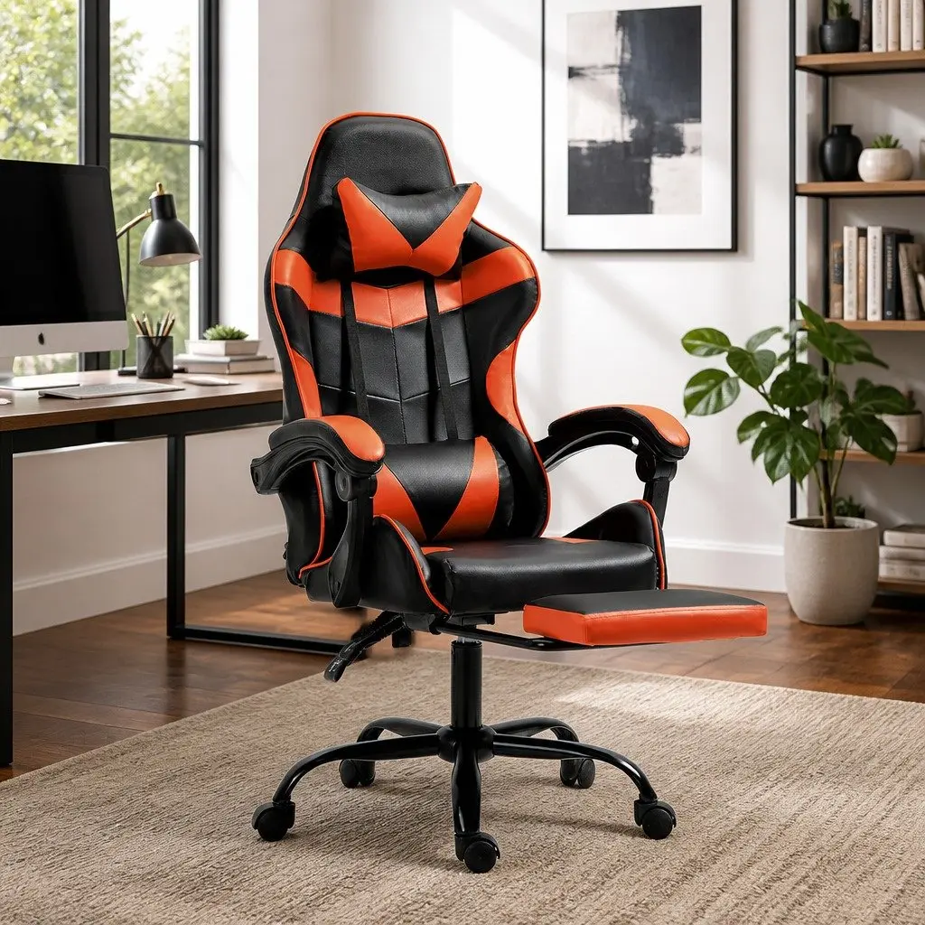 Gaming Office Chair High-Back Recliner Adjustable Footrest Orange