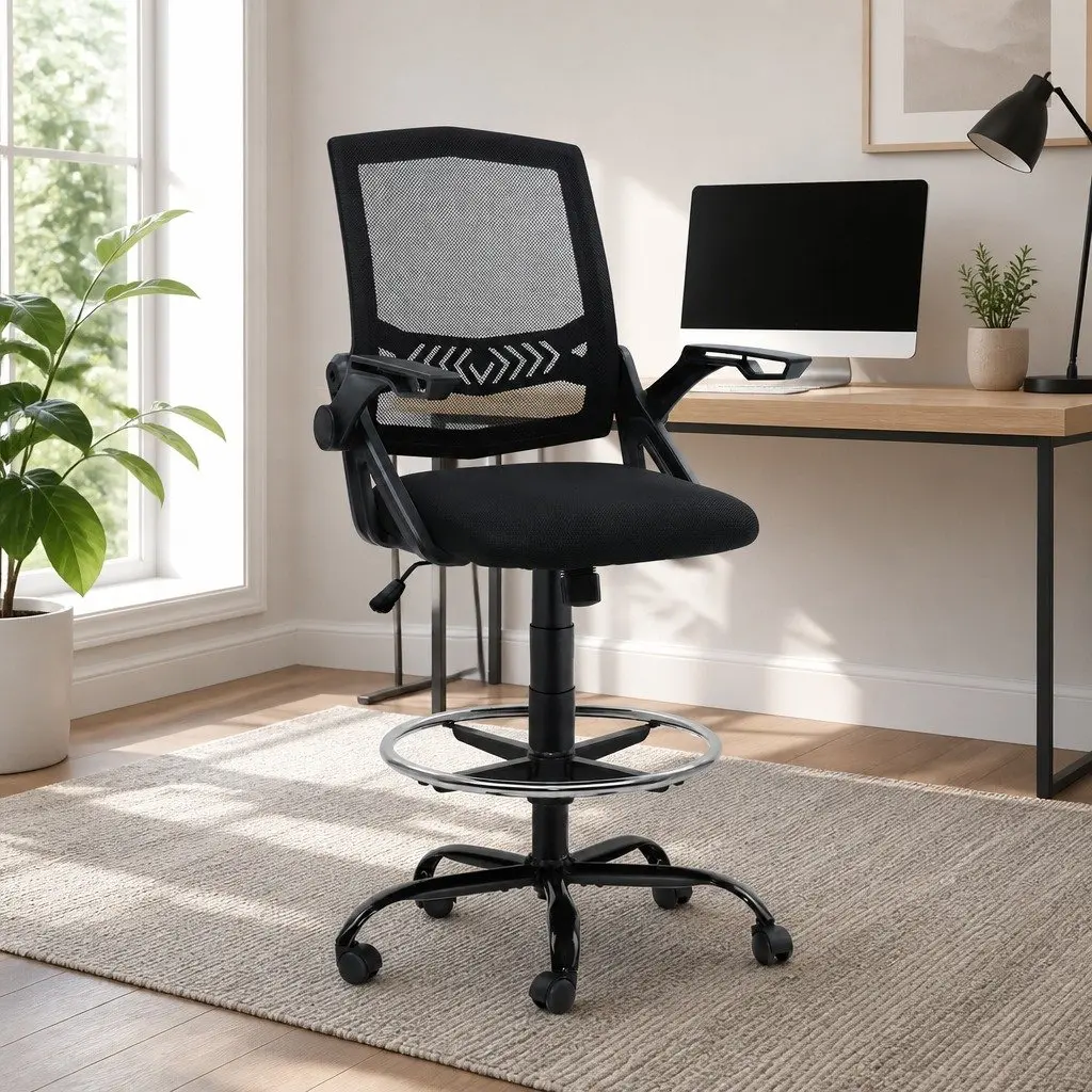 Drafting Stool Office Chair Mesh Black Adjustable Height Armrest Footrest
