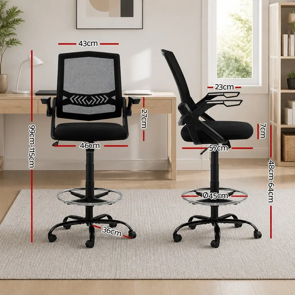 Drafting Stool Office Chair Mesh Black Adjustable Height Armrest Footrest