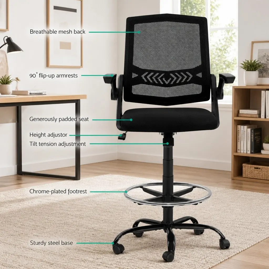 Drafting Stool Office Chair Mesh Black Adjustable Height Armrest Footrest