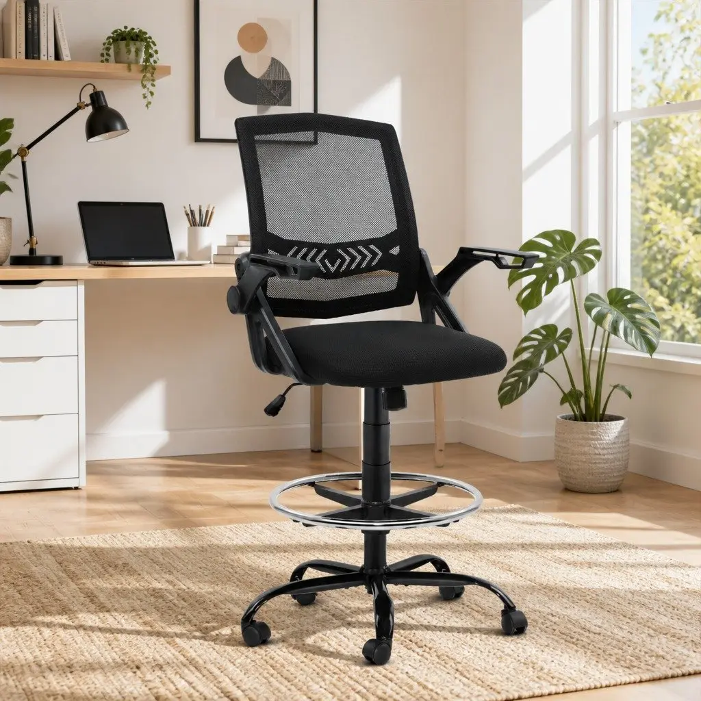 Drafting Stool Office Chair Mesh Black Adjustable Height Armrest Footrest