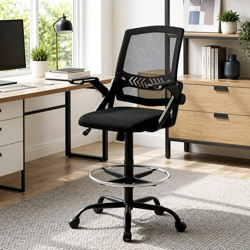 Drafting Stool Office Chair Mesh Black Adjustable Height Armrest Footrest