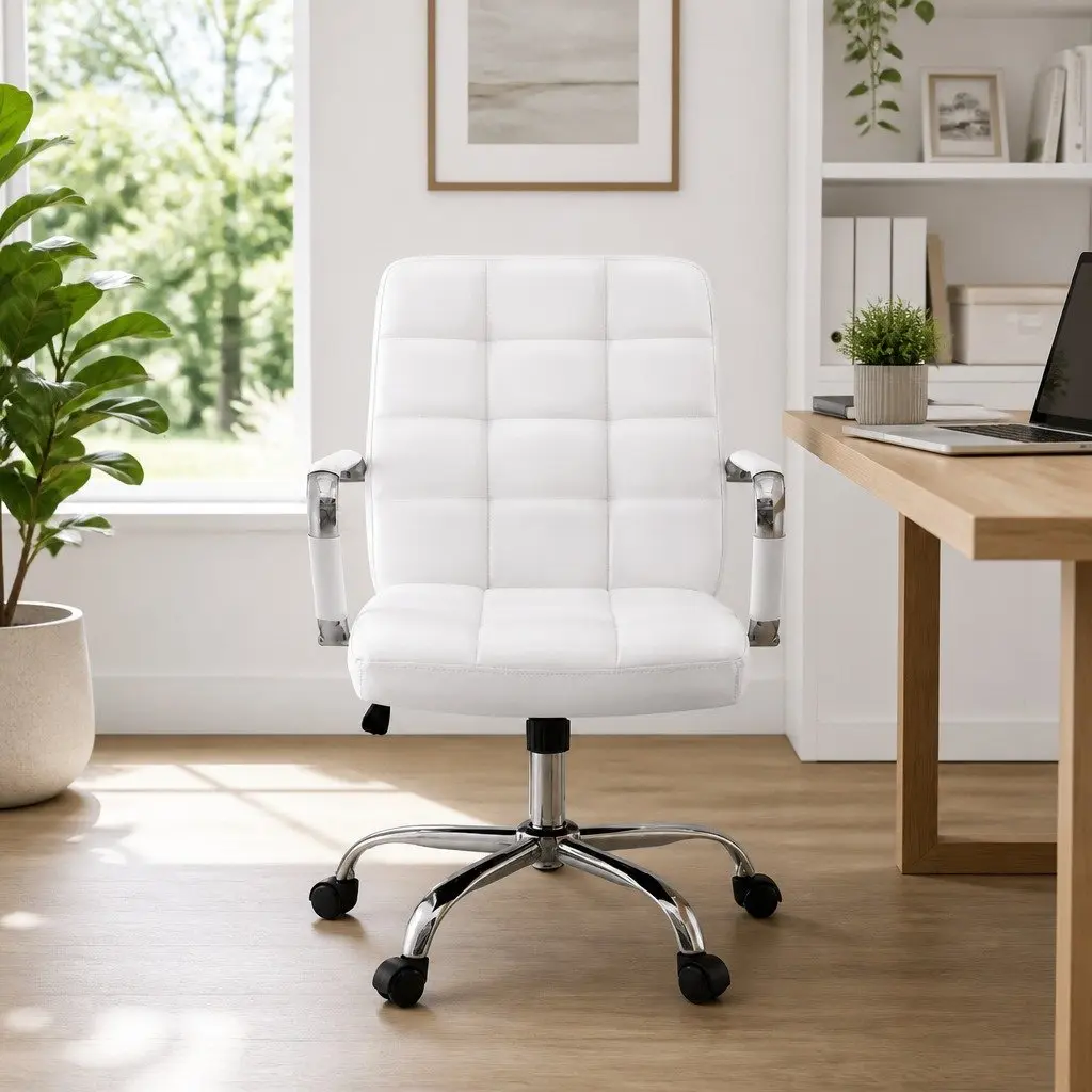 Office Chair White PU Leather Mid-Back Work Computer Desk Seat Ergonomic