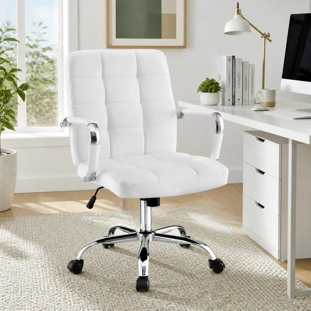 Office Chair Ergonomic Mid-Back White PU Leather Computer Desk Seat