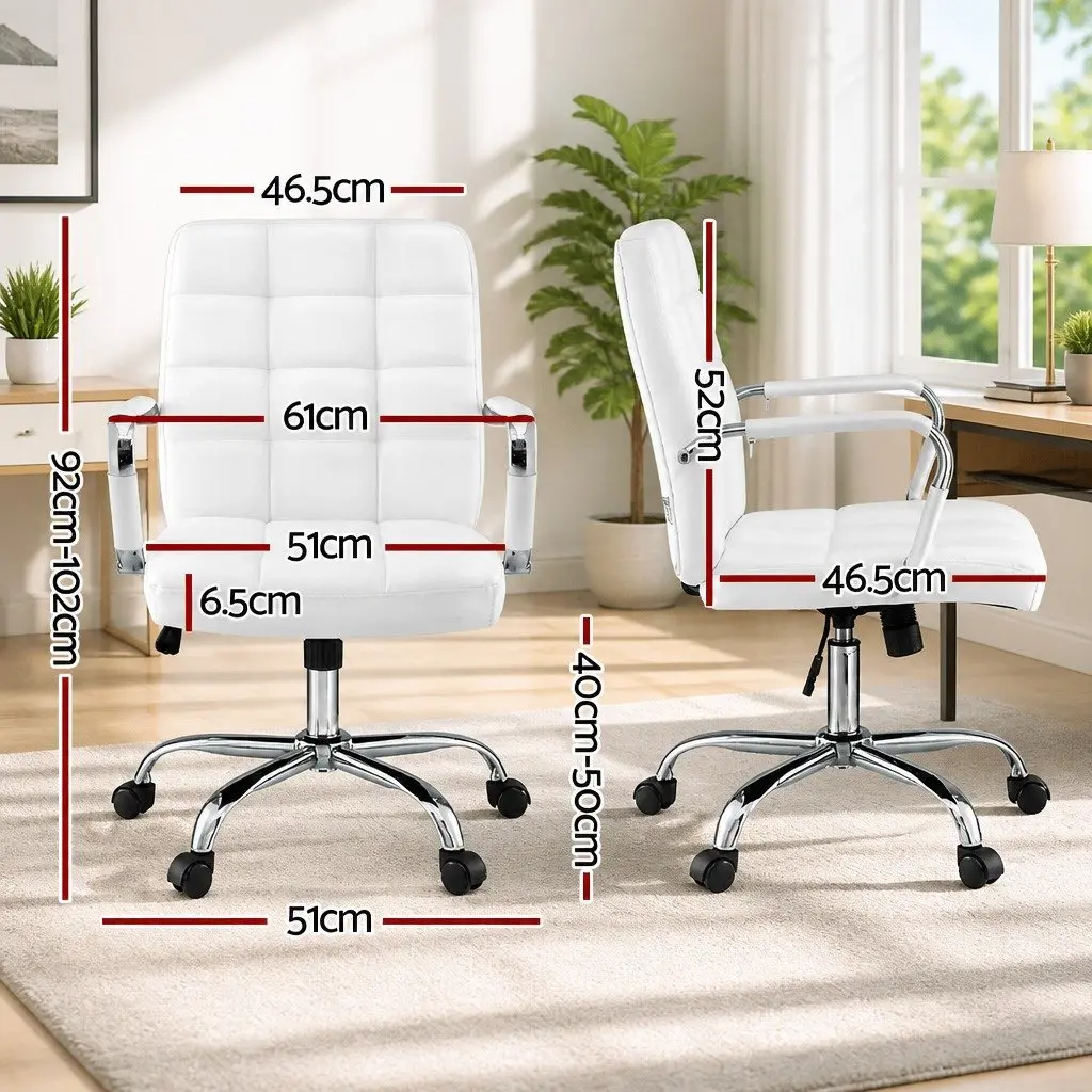 Office Chair Ergonomic Mid-Back White PU Leather Computer Desk Seat