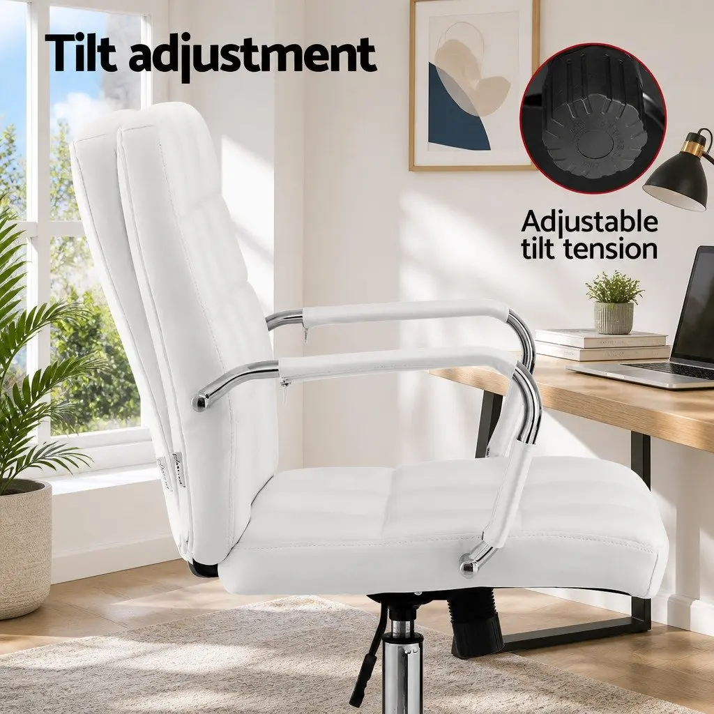 Office Chair Ergonomic Mid-Back White PU Leather Computer Desk Seat