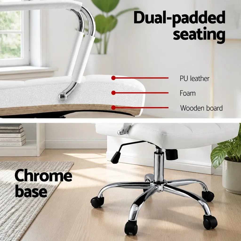 Office Chair Ergonomic Mid-Back White PU Leather Computer Desk Seat