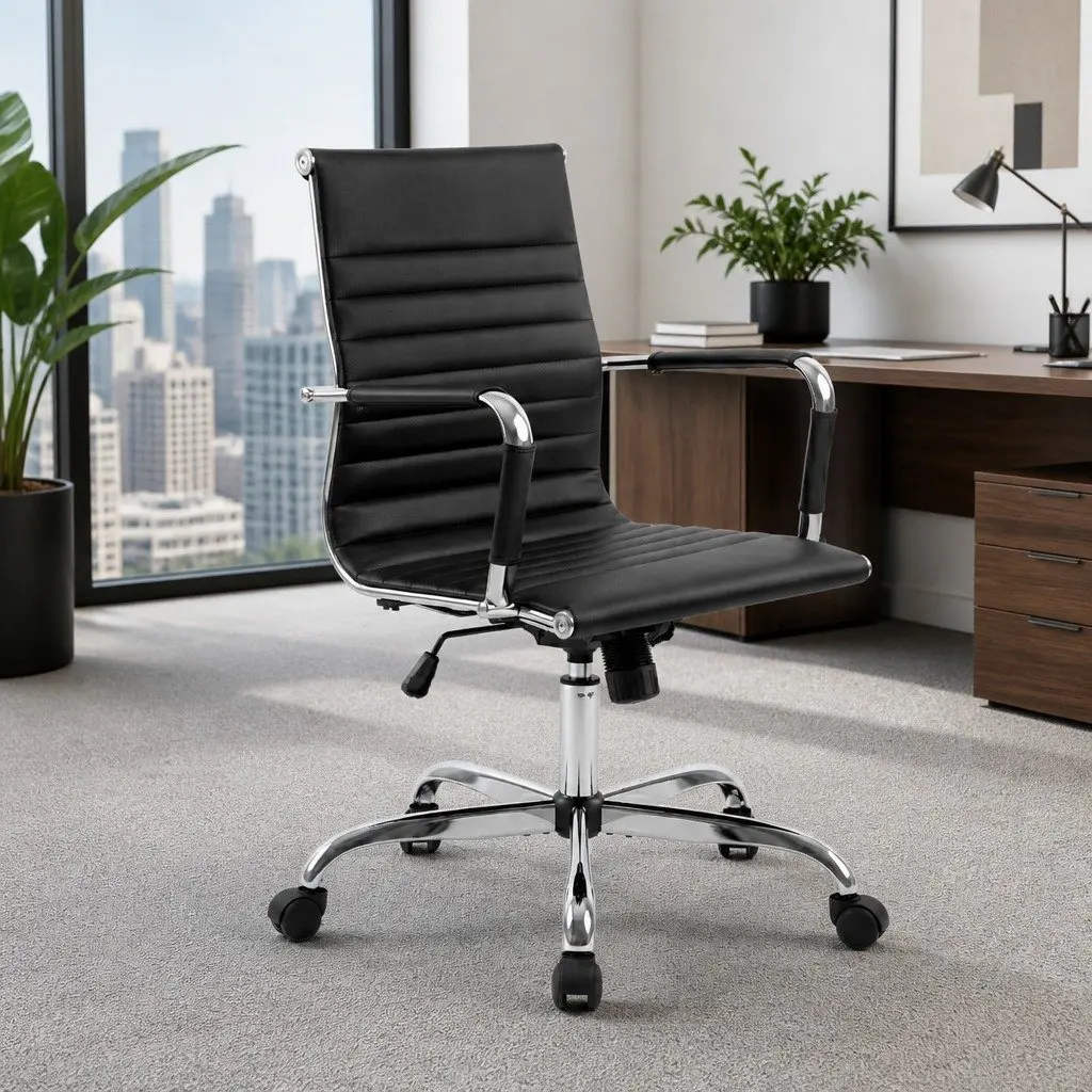 Office Chair Mid Back Conference PU Leather Rotatable Tilt Height Adjustable