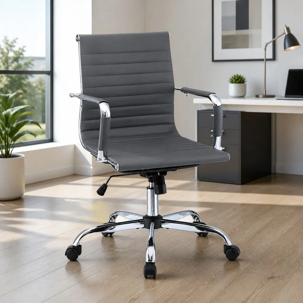 Mid Back Grey PU Leather Office Chair