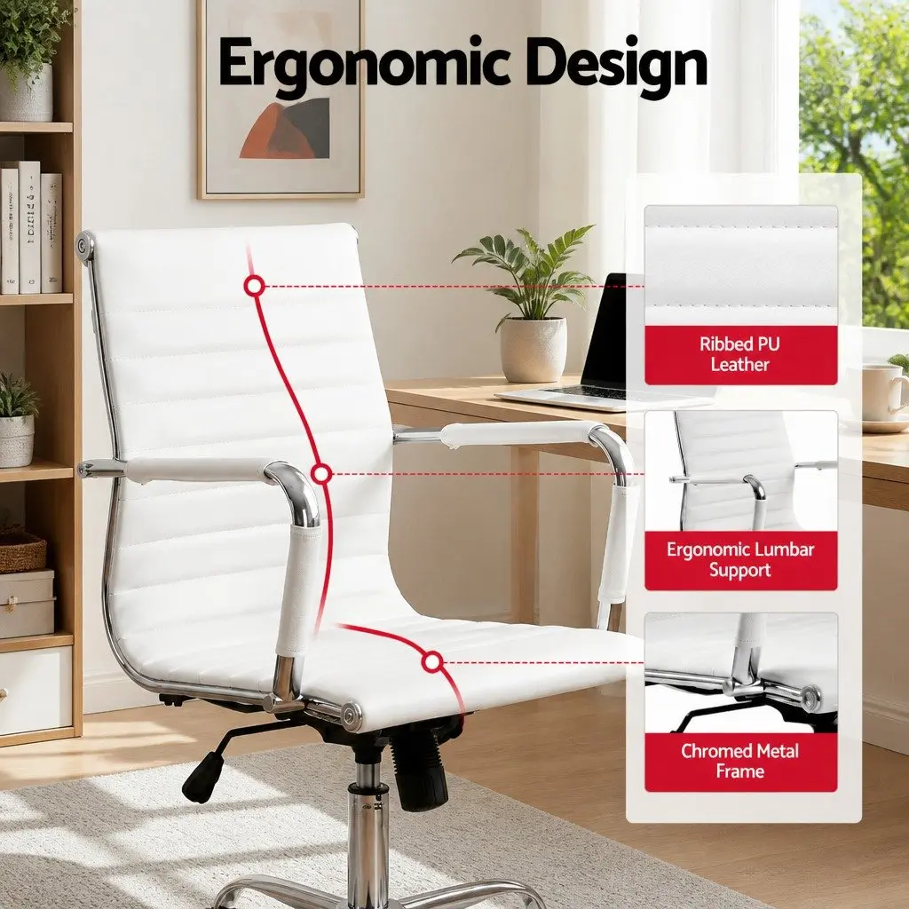 Office Chair Mid Back Swivel Desk Seating White Leather