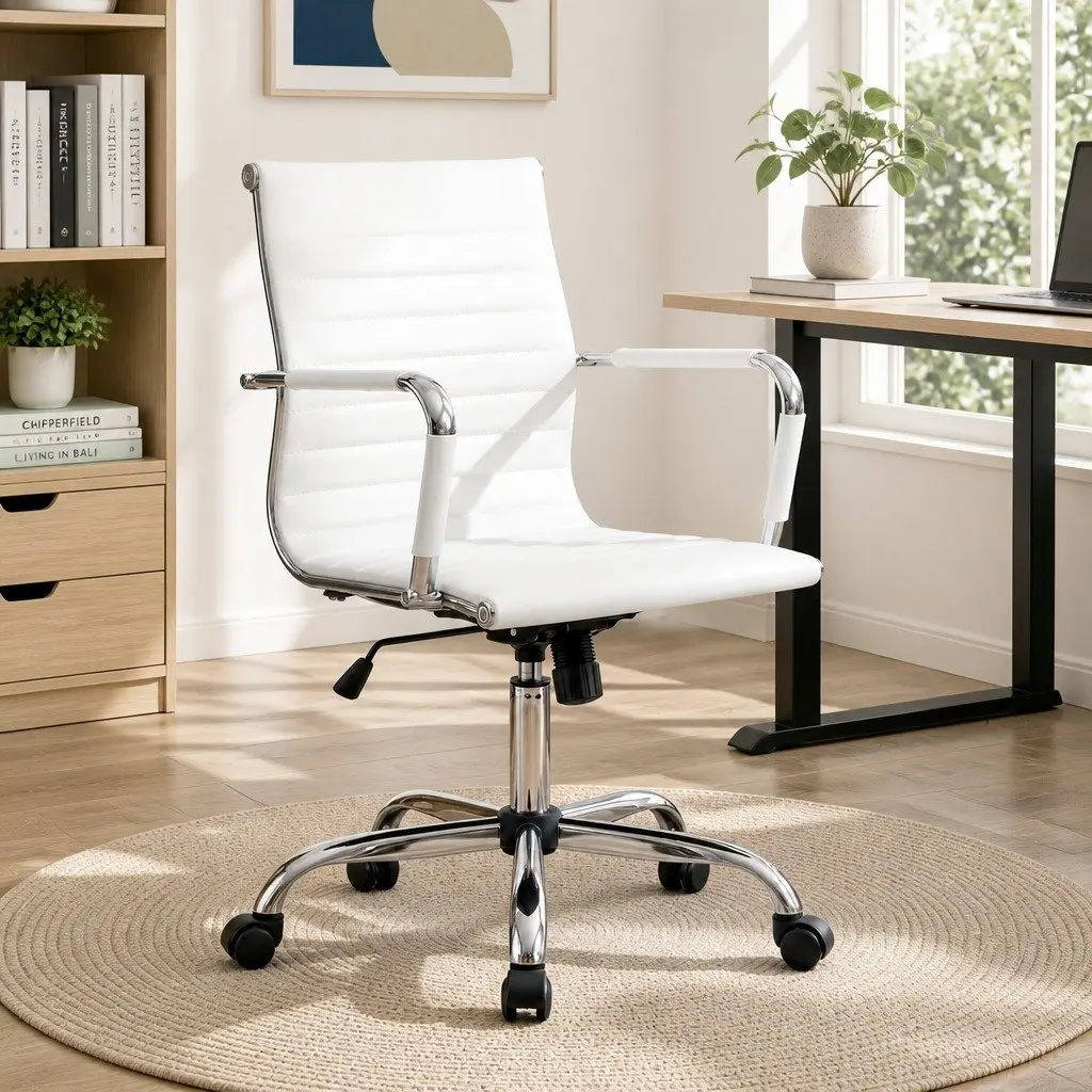 Office Chair Mid Back Swivel Desk Seating White Leather