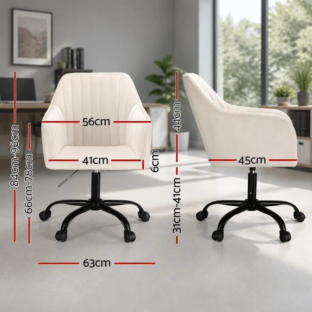 Mid Back Office Chair Cream Velvet Seat Adjustable Height with Swivel and Castors