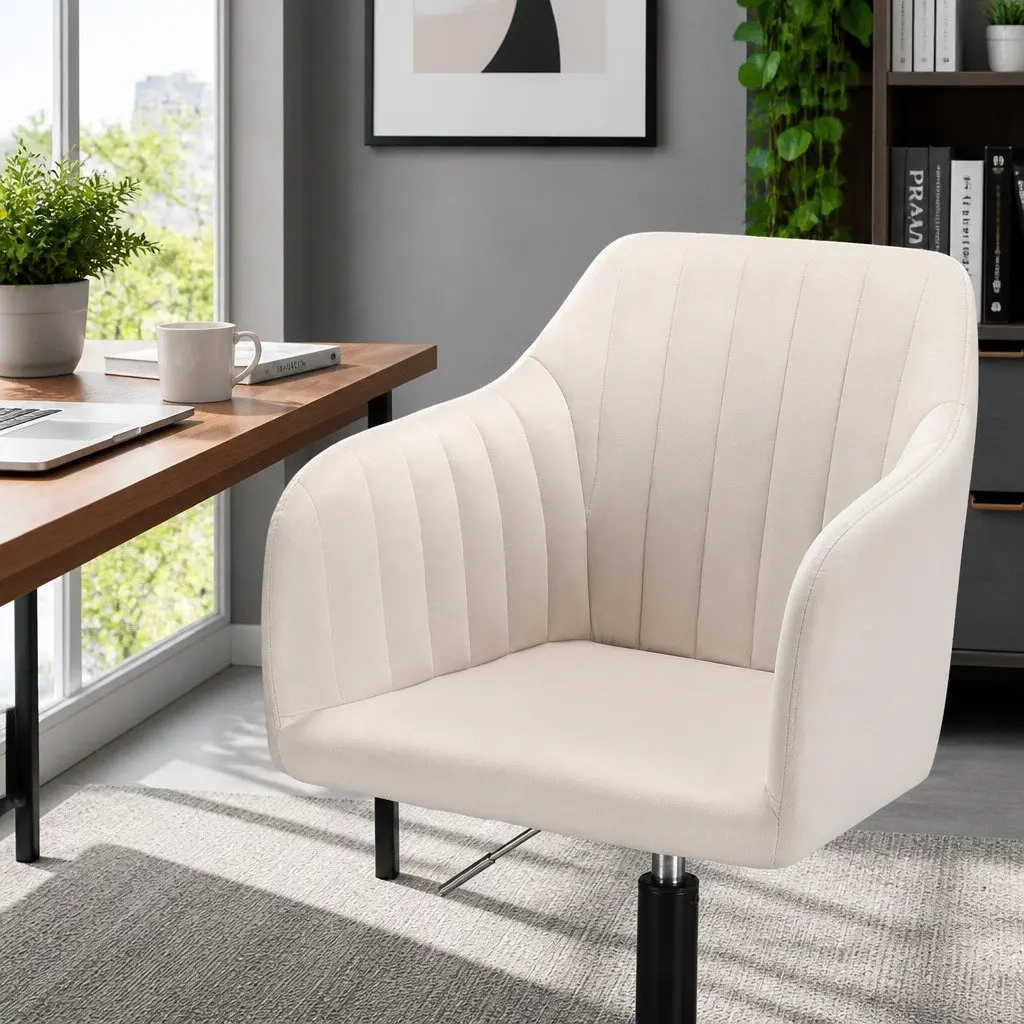 Mid Back Office Chair Cream Velvet Seat Adjustable Height with Swivel and Castors