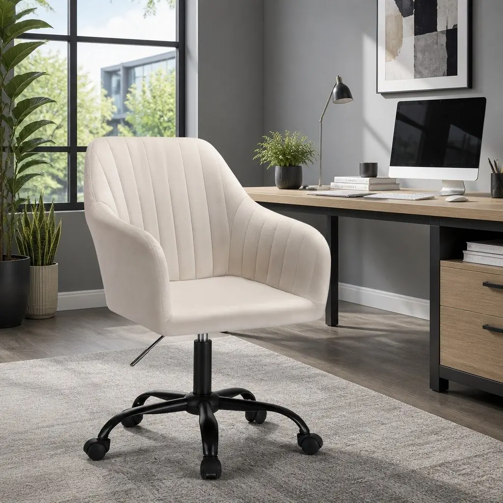 Mid Back Office Chair Cream Velvet Seat Adjustable Height with Swivel and Castors