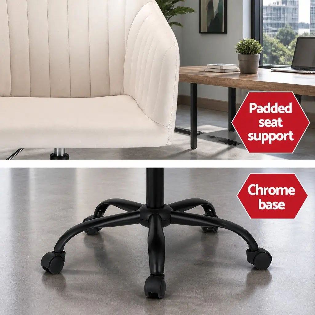Mid Back Office Chair Cream Velvet Seat Adjustable Height with Swivel and Castors