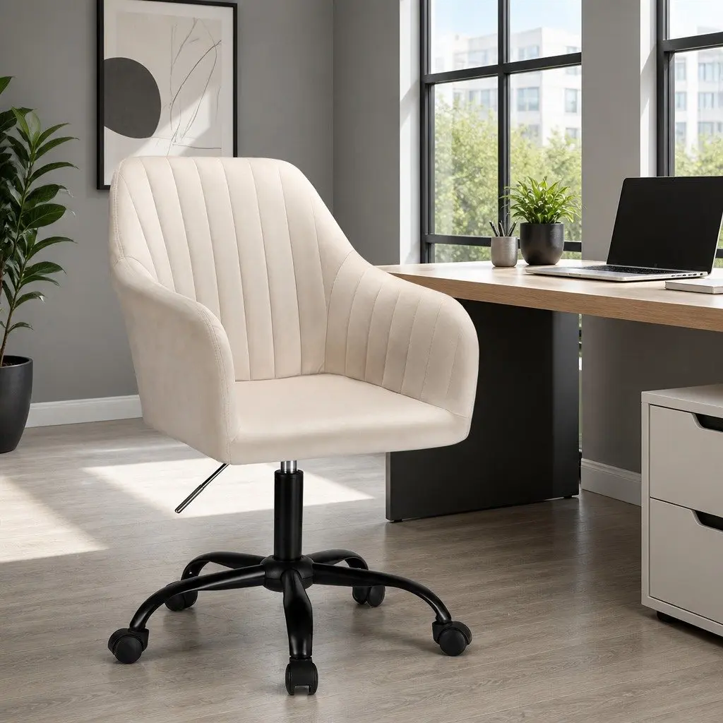 Mid Back Office Chair Cream Velvet Seat Adjustable Height with Swivel and Castors