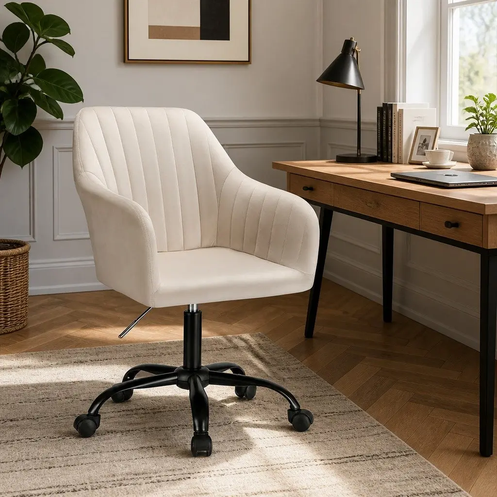 Mid Back Office Chair Cream Velvet Seat Adjustable Height with Swivel and Castors