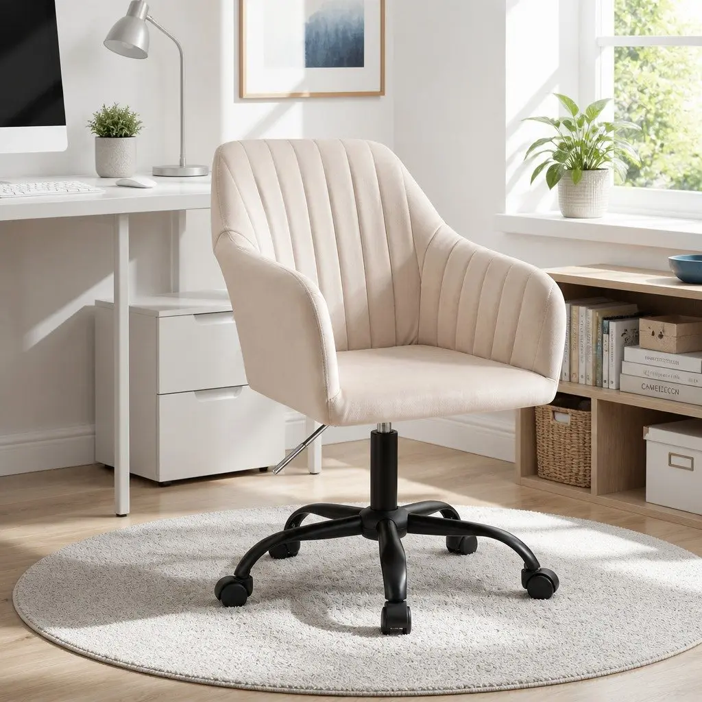 Mid Back Office Chair Cream Velvet Seat Adjustable Height with Swivel and Castors
