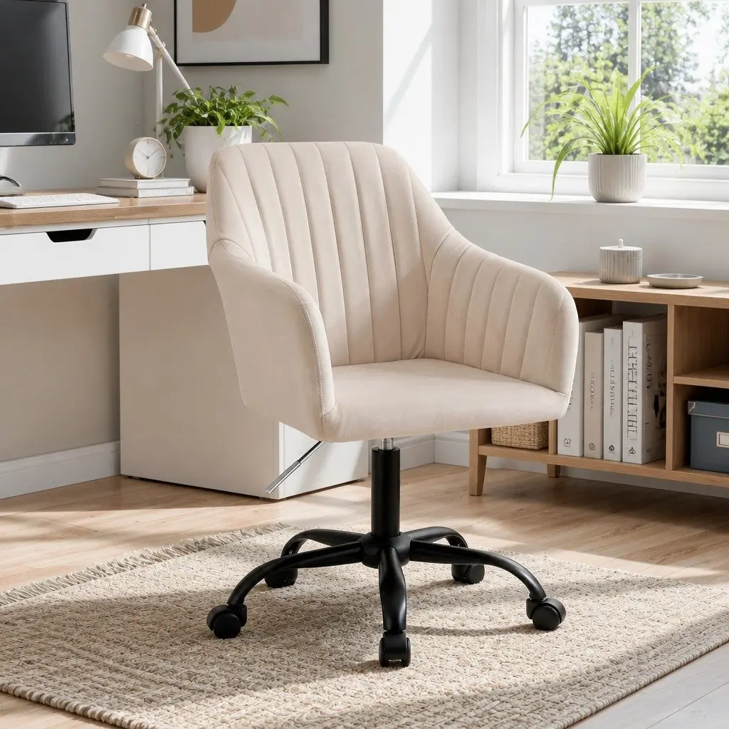 Mid Back Office Chair Cream Velvet Seat Adjustable Height with Swivel and Castors