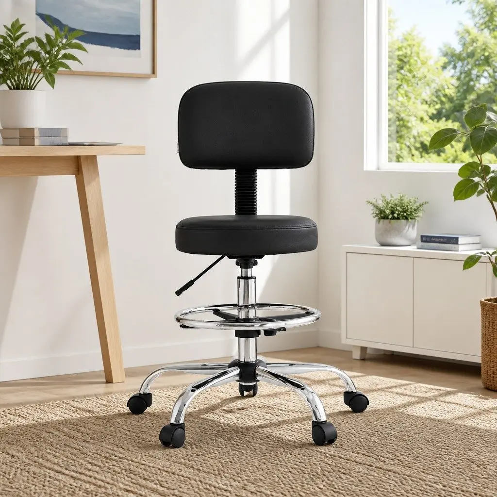 Office Drafting Chair Computer Standing Desk Ergonomic PU Swivel Black
