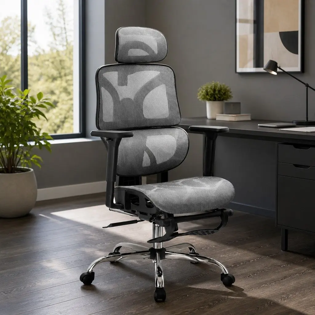 Ergonomic Office Chair High Back Mesh Adjustable Headrest Grey