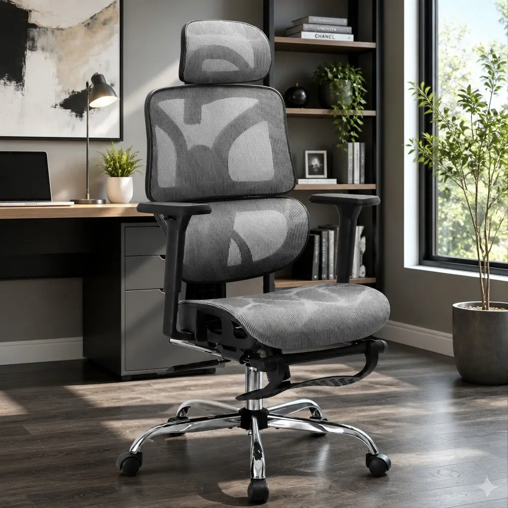 Ergonomic Office Chair High Back Mesh Adjustable Headrest Grey