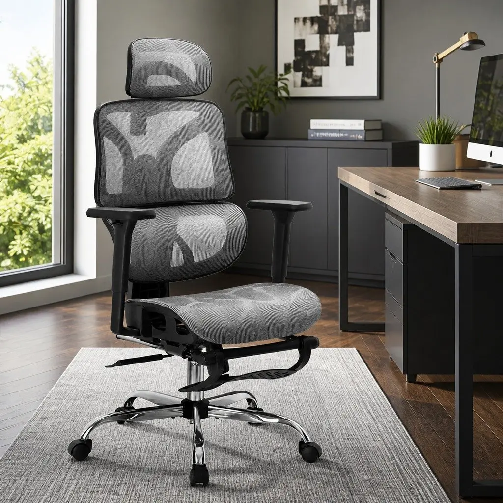 Ergonomic Office Chair High Back Mesh Adjustable Headrest Grey