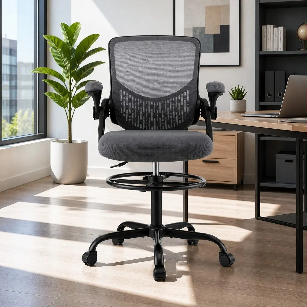 Office Drafting Chair Mesh Adjustable Height Footrest Grey