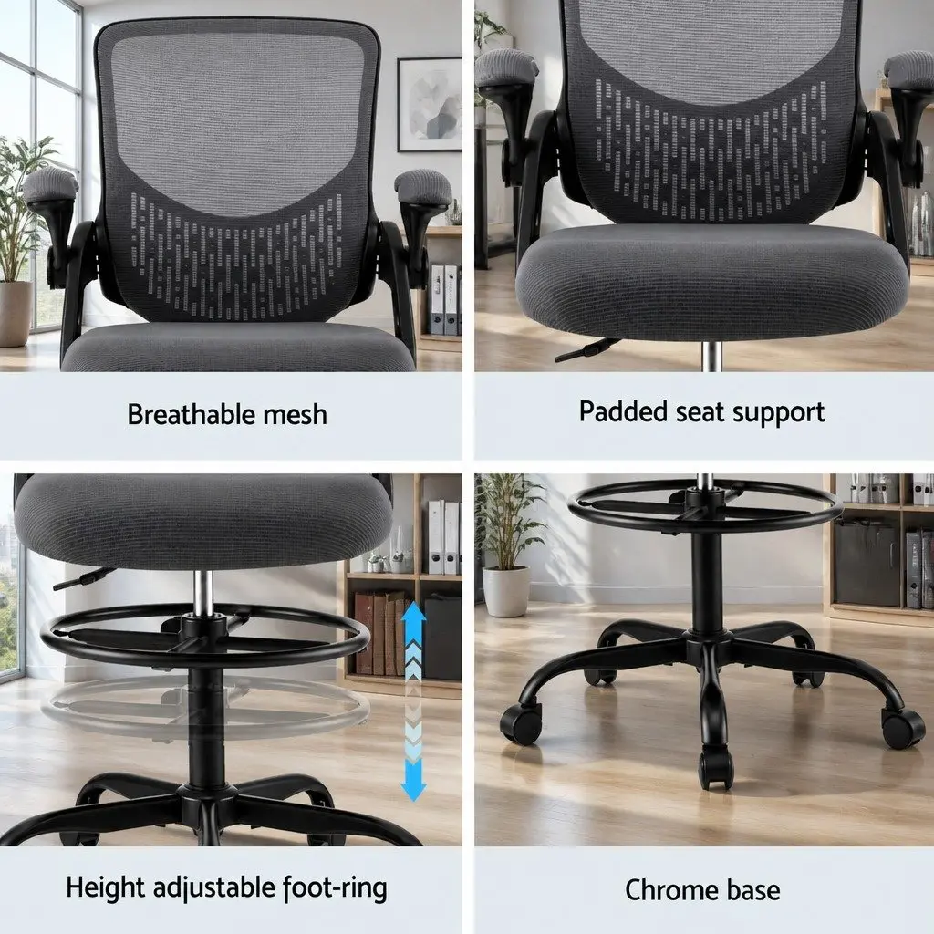 Office Drafting Chair Mesh Adjustable Height Footrest Grey