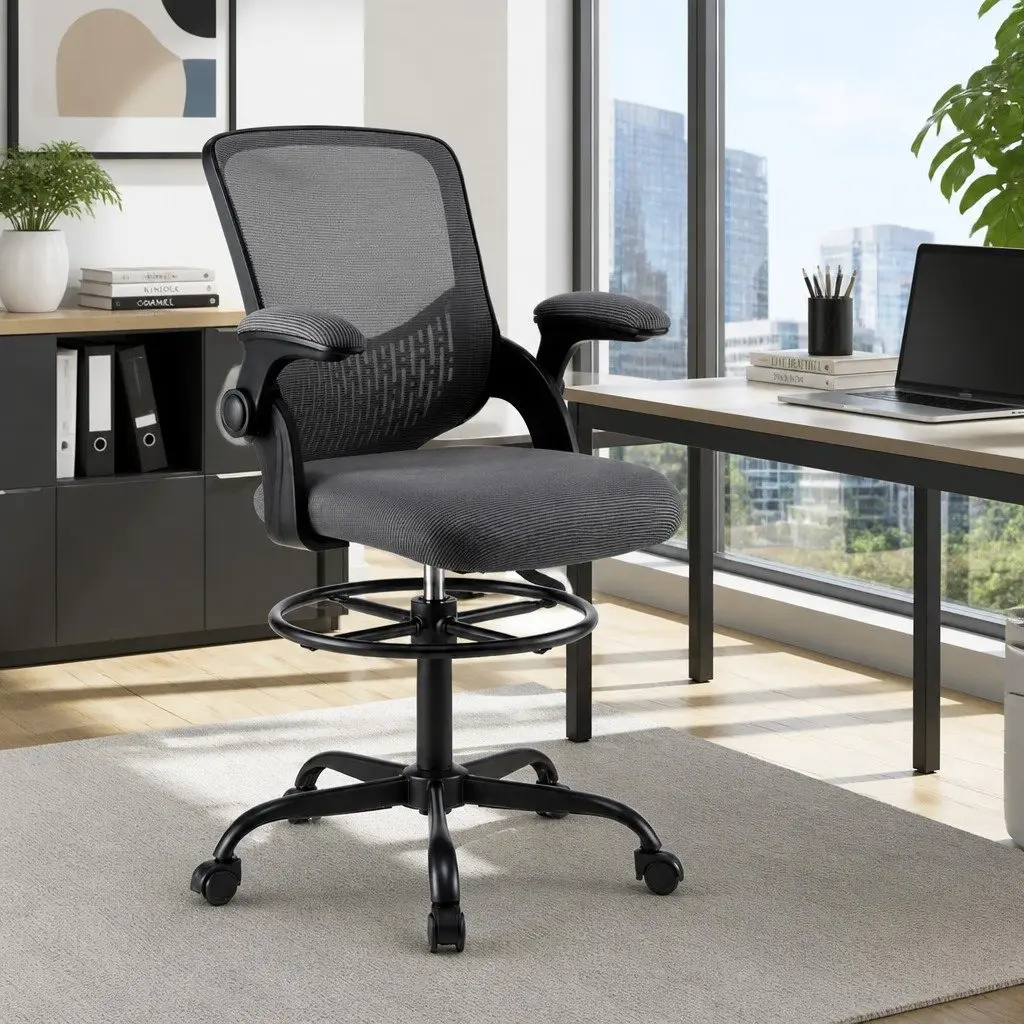 Office Drafting Chair Mesh Adjustable Height Footrest Grey